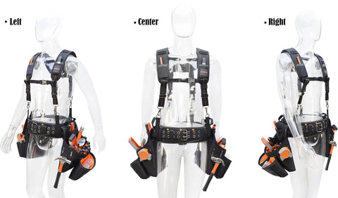 Carpenter Tool Belt With Suspenders 39 Pockets Padded 4 Inch Belt Kit, 10 In 1 Set With Hammer Holster, Nail Bags, Front and Side View