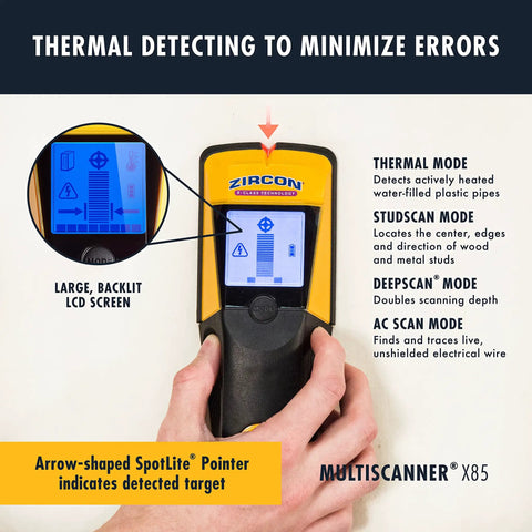 Slick X85 Center Finding Stud Finder With Ac Live Wire Detection And Thermal Wall Scanner For Finding Wood Metal Studs And Heated Pex Plumbing Up To Two Inches Deep With Backlit Lcd Screen For No Sweat Work