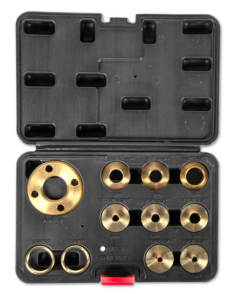 Front view of WEN solid brass router template and guide bushing set in case; 11-piece kit with 1-3/16 in base plate.