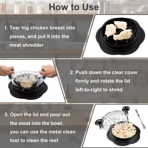 Large Chicken Shredder Tool With Twist, Brush And Fork, visible meat shredder machine, instructions for use illustrated