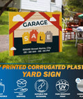 Pack Of 10 Custom Yard Signs Upload Your Design In 3 Sizes With 35 Backgrounds And 20 Fonts Double Sided Durable 4mm Coroplast DIY Yard Sign With H Stake Real Estate Signage displayed in a backyard setting