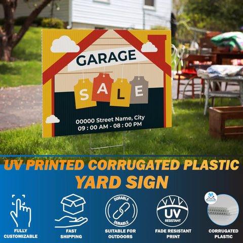 Pack Of 10 Custom Yard Signs Upload Your Design In 3 Sizes With 35 Backgrounds And 20 Fonts Double Sided Durable 4mm Coroplast DIY Yard Sign With H Stake Real Estate Signage displayed in a backyard setting
