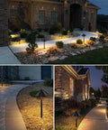 All In One Low Voltage Landscape Lighting Kit With 8 Pathway Lights 60W Transformer 100 Ft Wire 3000K Warm White Outdoor Garden Walkway Lighting Easy Install Complete Bundle For Yard Patio illuminating pathway in residential setting at dusk, highlighting curved path and brick exterior.