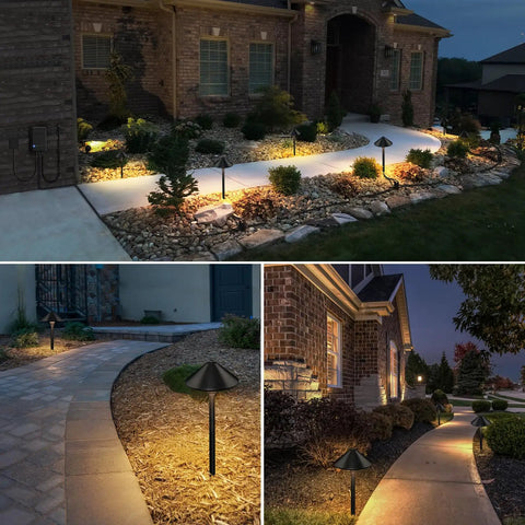 All In One Low Voltage Landscape Lighting Kit With 8 Pathway Lights 60W Transformer 100 Ft Wire 3000K Warm White Outdoor Garden Walkway Lighting Easy Install Complete Bundle For Yard Patio illuminating pathway in residential setting at dusk, highlighting curved path and brick exterior.