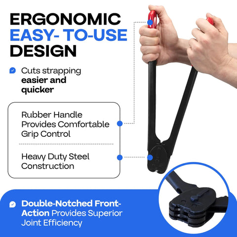 Heavy Duty Front Action Steel Strapping Sealer And Crimper For Three Quarter Inch Strapping With Long Fourteen Inch Handle Front Action Operates On Horizontal And Vertical Surfaces Heat Treated Wear Resistant Parts, ergonomic steel strap tool with rubber handle