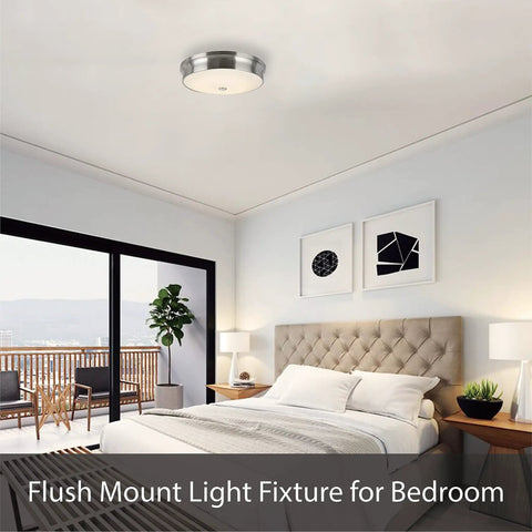 Three Light Semi Flush Mount Ceiling Light In Brushed Nickel With Patterned Glass Shade, Dimmable for bedroom use, installed view