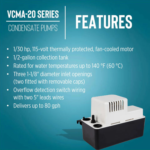 Angled view of Little Giant VCMA-20ULST condensate pump with white top housing and black base.