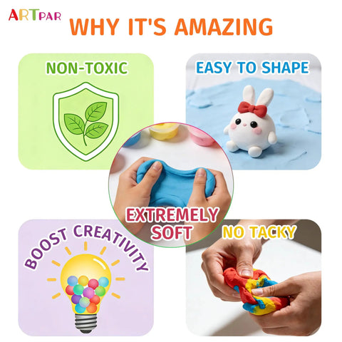 Collage image showcasing features of the Air Dry Clay Kit For Kids With 90 Colors And Tools DIY Modeling Clay Set For Easy Molding And Sculpting Soft Non Sticky Clay Kid Friendly Arts And Crafts For Boys And Girls Ages 3 To 12