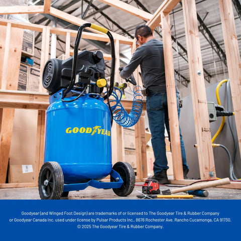 10 Gallon Oil Free Portable Vertical Electric Air Compressor providing no sweat 150 PSI maximum output in a workshop setting.