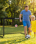 Backyard Pop Up Soccer Goals Set of 2 for Kids, 4x3ft Training Nets With Soccer Ball in a park setting with child and adult.