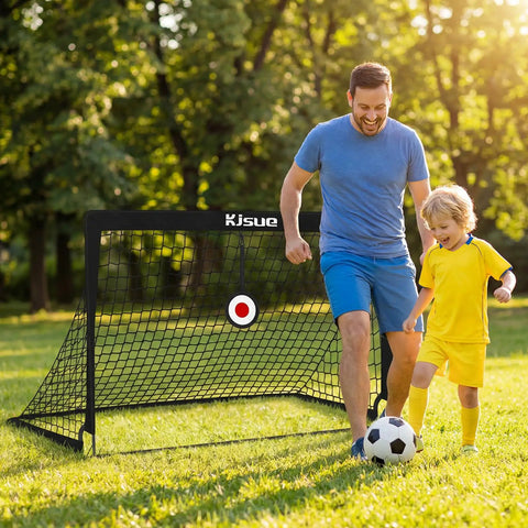 Backyard Pop Up Soccer Goals Set of 2 for Kids, 4x3ft Training Nets With Soccer Ball in a park setting with child and adult.