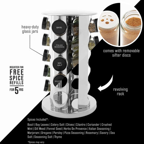 20 Jar Revolving Countertop Spice Rack With Pre Filled Glass Jars And Removable Sifter And Labeled Black Caps