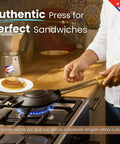 Traditional Cuban Sandwich Press Disquera De Pan Cubano 15 Inch Heavy Duty Cast Iron Grill on stove ready for use.