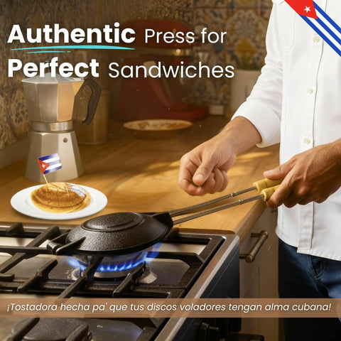 Traditional Cuban Sandwich Press Disquera De Pan Cubano 15 Inch Heavy Duty Cast Iron Grill on stove ready for use.