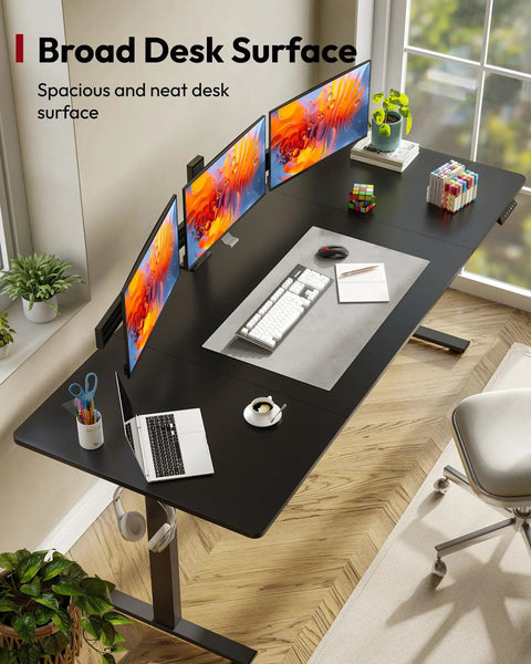 Stunning Sanodesk 79 Inch By 32 Inch Electric Height Adjustable Standing Desk With Spacious Desktop For Dual Monitors And Led Memory Control Panel Ideal For Modern Home Office Setup And Ergonomic Comfort with three monitors and accessories.