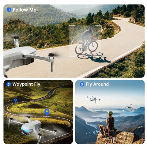 Beginner Friendly Foldable Drone With 4K Camera And Brushless Motors Auto Follow Tap Fly Circle Fly One Key Start Ultra Light Under 249g for Easy Travel And Epic Aerials in various modes: following cyclist, waypoint navigation, circle flying around hiker.