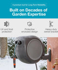 Auto Retracting Garden Hose Reel With 100 Feet Of Flexible Hose, 180 Degree Swivel Wall Mount, installed on brick wall outdoors