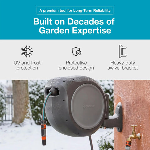 Auto Retracting Garden Hose Reel With 100 Feet Of Flexible Hose, 180 Degree Swivel Wall Mount, installed on brick wall outdoors