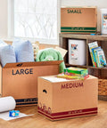 Room with Sturdy 22x13x15 Shipping Boxes for Moving, Packing, Storage and Mail, brown kraft cardboard, containing pillows