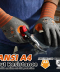 12 Pairs Cut Resistant Work Gloves With PU Coating For ANSI A4 Level Protection shown being used to handle metal sheet.