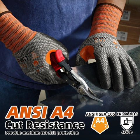 12 Pairs Cut Resistant Work Gloves With PU Coating For ANSI A4 Level Protection shown being used to handle metal sheet.