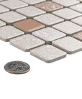 Beige Porcelain Tile 12x12 Crystalline Square Mosaic for Floor and Wall Mesh Mounted with coin for scale