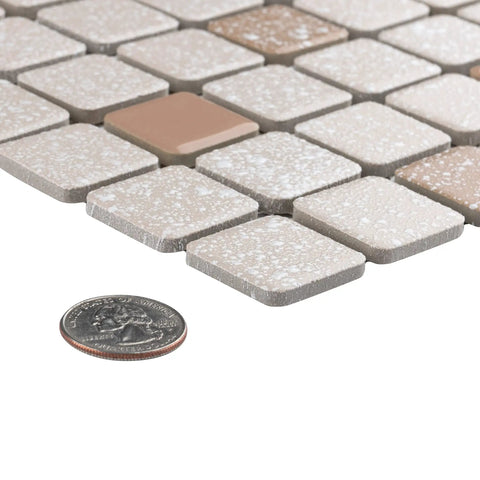 Beige Porcelain Tile 12x12 Crystalline Square Mosaic for Floor and Wall Mesh Mounted with coin for scale