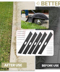 Front view: five black edger blades with 1-inch center holes and retaining pins