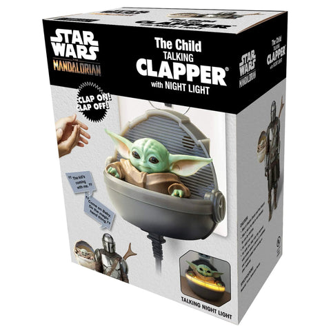 Star Wars Mandalorian Baby Yoda Talking Night Light With Clap Activated Wireless On Off Switch For Easy Home Lighting Sound Activated Clap Detection No Fuss Nighttime Convenience. Box showing Baby Yoda and product features.