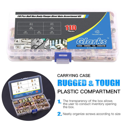 110 Piece Rivet Nut Assortment Kit With M3 M4 M5 M6 M8 M10 M12 Half Hex Body Flange Flat Head Zinc Plated Carbon Steel Threaded Insert Nuts case.
