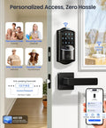 Direct WiFi Built In Smart Lock With Handles No Hub Required Fingerprint Keyless Entry App Remote And Voice Control Electronic Front Door Deadbolt Touchscreen Keypad Auto Lock Matte Black Finish on door with app screen.