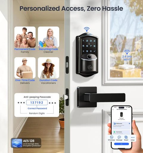 Direct WiFi Built In Smart Lock With Handles No Hub Required Fingerprint Keyless Entry App Remote And Voice Control Electronic Front Door Deadbolt Touchscreen Keypad Auto Lock Matte Black Finish on door with app screen.