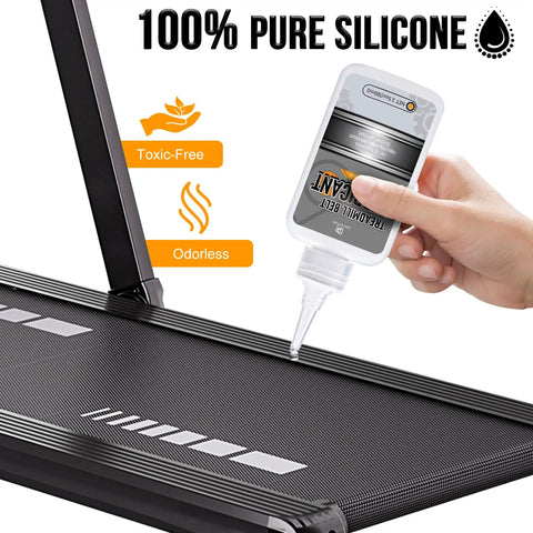 Hand applying 7oz Silicone Treadmill Belt Lubricant with application tube on treadmill, high temp resistant, odorless, non-toxic