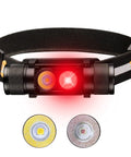 Rechargeable LED Headlamp with 90 CRI white light and 660nm deep red light, USB C charging, rugged design, front view