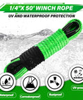 Image of a green synthetic winch rope, 1/4 inch by 50 foot, with protective sleeve, heavy duty hook, and rubber stopper.