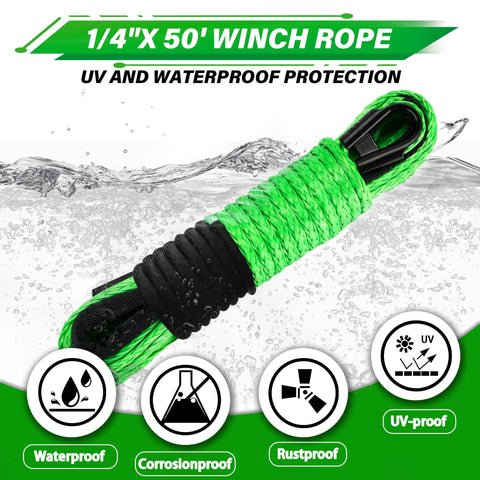 Image of a green synthetic winch rope, 1/4 inch by 50 foot, with protective sleeve, heavy duty hook, and rubber stopper.