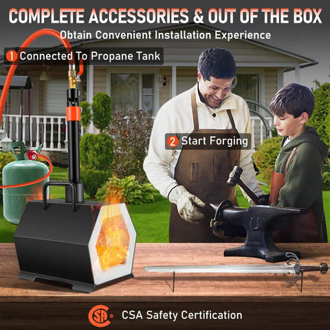 Portable Propane Forge With Single Burner Reaches 2600F For Metal And Knife Work, father and son blacksmithing in backyard