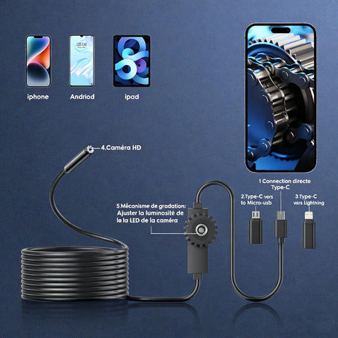 Endoscope Camera With Light 1920P HD Borescope with 8 adjustable LED lights, semi-rigid cable and smartphone compatibility display