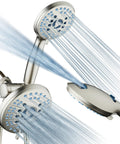 High Pressure Handheld And Rain Shower Head Combo With Anti Clog Jets 3 Way 50 Mode System spraying water, nickel finish