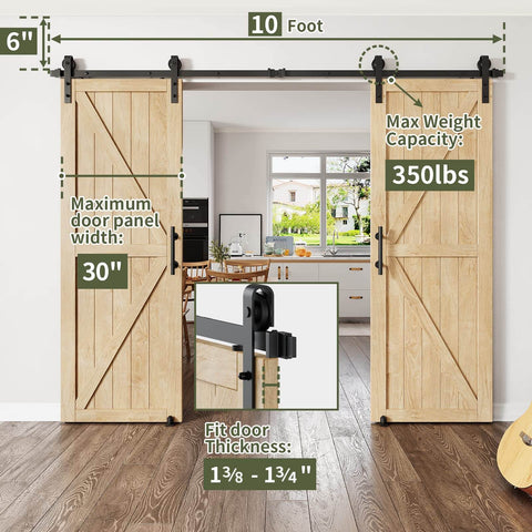 Heavy Duty Sliding Barn Door Hardware Kit For Double Doors 350 Lb Capacity installed on wooden doors in interior room