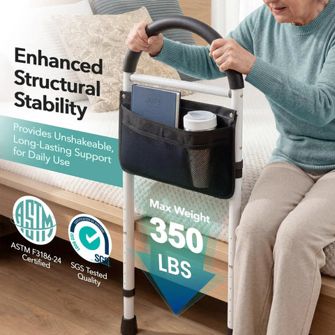 Senior Bed Rail With Adjustable Height And Light Pocket, Tool Free Setup, 350 Lb Capacity, Iron Aluminum Frame, Foam Grip