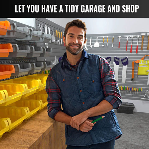 Man in a workshop with Garage Organizer Bins 30 Piece Wall Mount Storage Kit With Pegboard And Screws Real Handy Small Parts Bins