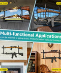 Rear Window Gun Rack For Pickup Trucks Heavy Duty Steel with rifles mounted in various vehicles and indoor walls