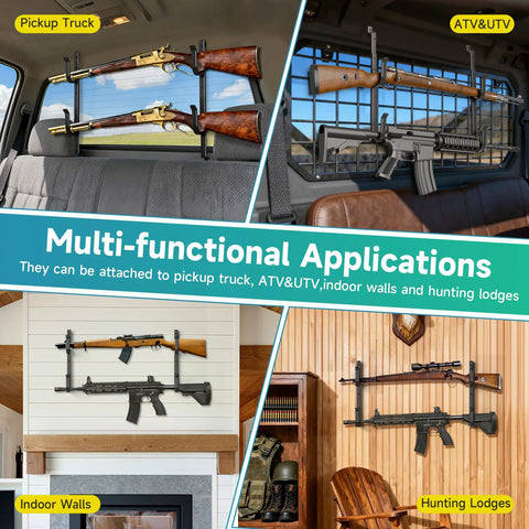 Rear Window Gun Rack For Pickup Trucks Heavy Duty Steel with rifles mounted in various vehicles and indoor walls