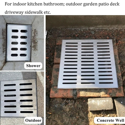 Rugged Stainless Steel Drain Cover And Shower Grate Frame For Floor Tile Catch Basin in outdoor and shower settings.
