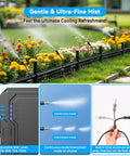 Portable Outdoor Misting System Kit With 6000mAh Pump, 20L Bucket, And 26Ft Hose shown cooling a garden with mist