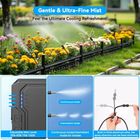 Portable Outdoor Misting System Kit With 6000mAh Pump, 20L Bucket, And 26Ft Hose shown cooling a garden with mist