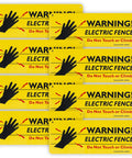 Eight Pack Rock Solid Go Getter Hdpe Electric Fence Warning Signs All Season Outdoor Yard Boundary Markers To Keep Your Fur Babies Safe From Unwanted Visitors with bold black hand icon on yellow background.