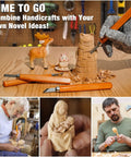Collage of 23 Piece Wood Carving Set For DIYers With 4 Large Knives 5 Detail Knives shown during use and carved wood figures