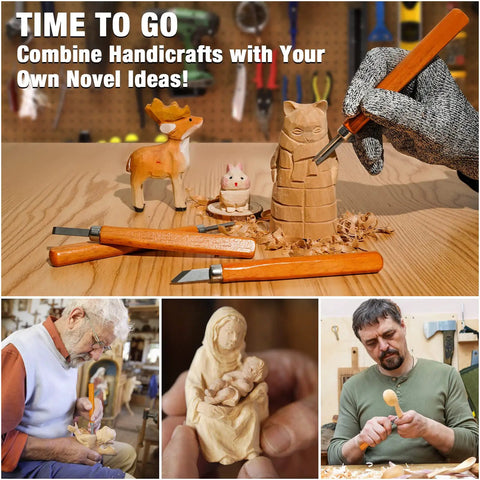 Collage of 23 Piece Wood Carving Set For DIYers With 4 Large Knives 5 Detail Knives shown during use and carved wood figures